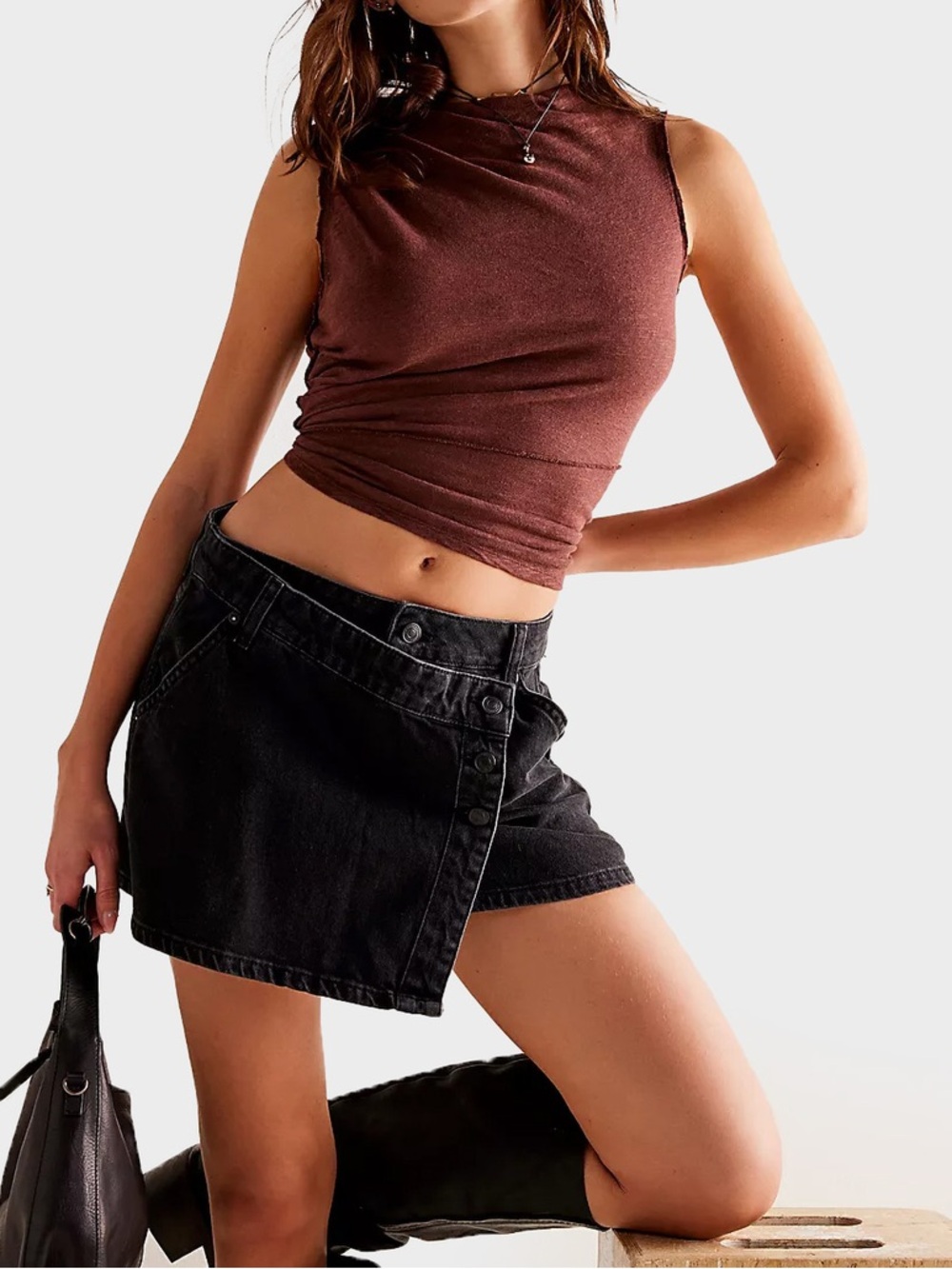 Free People Black Denim Wrap Skort